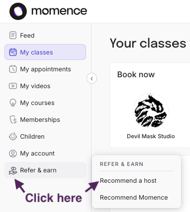 Screenshot of the "Refer & earn" and "Recommend a Host" menu options