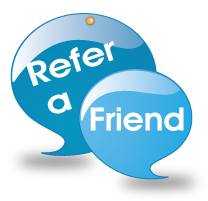 Speech bubbles that read "refer a friend"