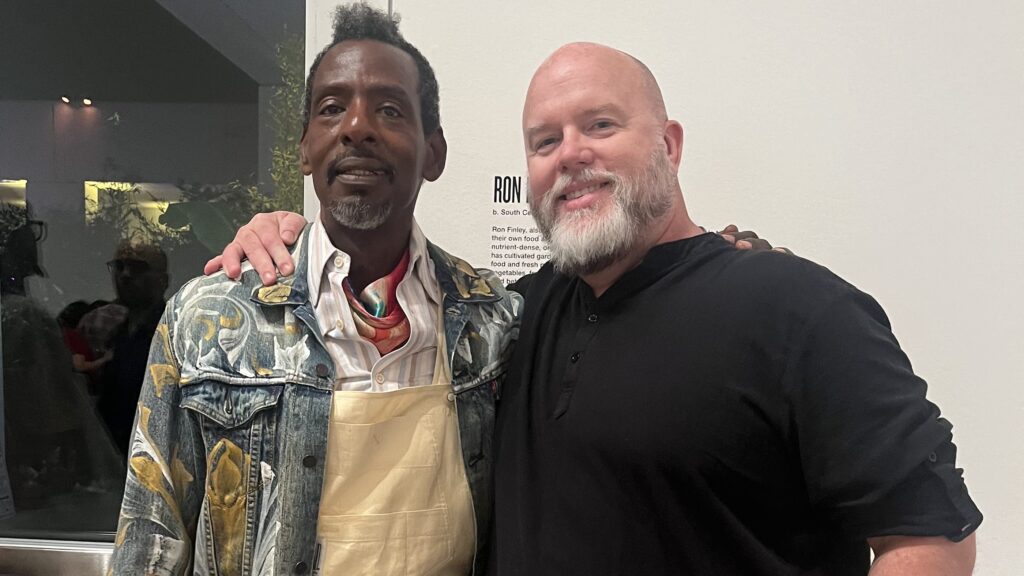 Ron Finley and Andrew pose together at the opening night celebration of the BREATH(E) exhibition at the Hammer Museum, Los Angeles, September 2024.