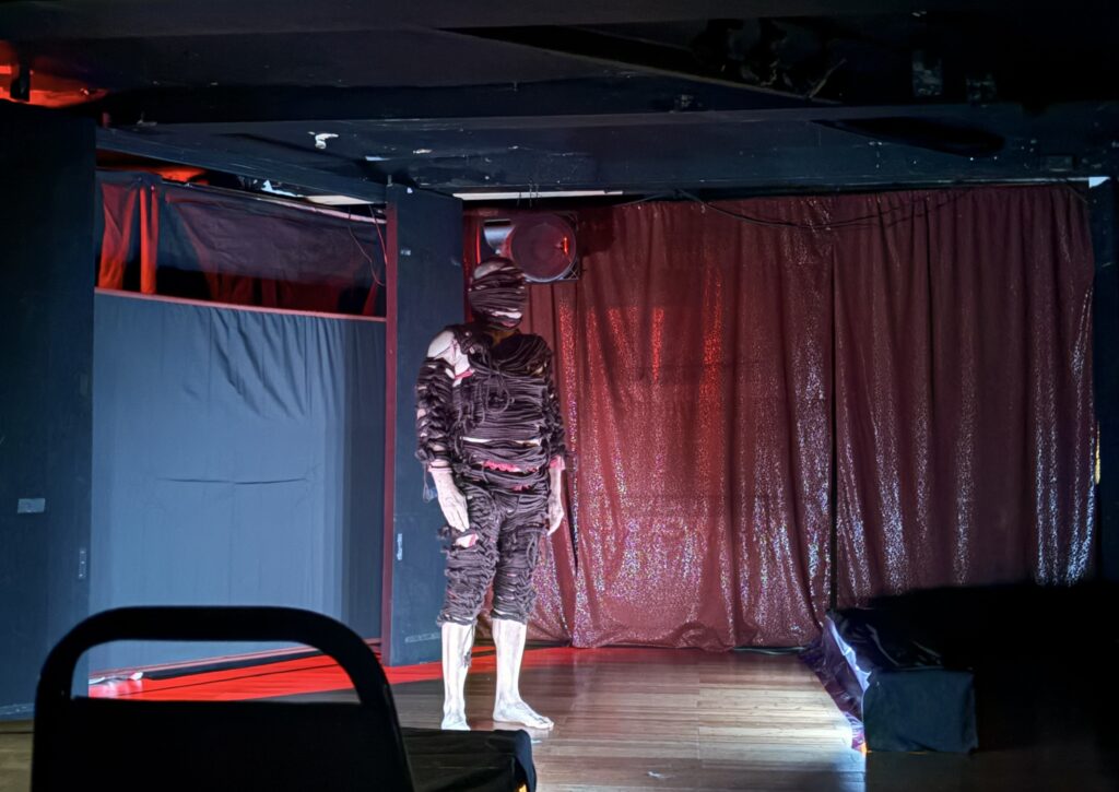 Craig Appelbaum poses on stage fully swaddled in black rope as part of his ROPE performance, November, 2025.